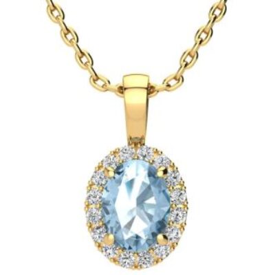 December Birthstone | Blue Topaz Necklace | 1 1/2ct Oval Blue Topaz and Halo Diamond Necklace In 14K Yellow Gold | SuperJeweler