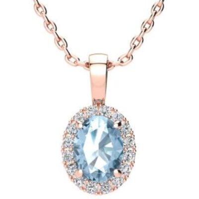 December Birthstone | Blue Topaz Necklace | 1 1/2ct Oval Blue Topaz and Halo Diamond Necklace In 14K Rose Gold | SuperJeweler