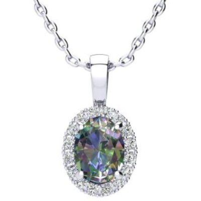 Mystic Topaz Necklace | Oval Shape Mystic Topaz Necklace With Diamond Halo In 14 Karat White Gold, 18 Inches