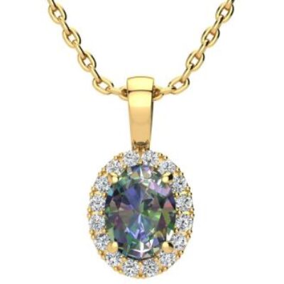 Mystic Topaz Necklace | Oval Shape Mystic Topaz Necklace With Diamond Halo In 14 Karat Yellow Gold, 18 Inches