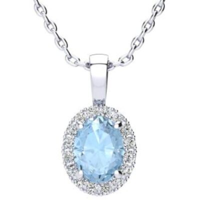 Aquamarine Necklace | March Birthstone | 1 1/3ct Oval Aquamarine and Halo Diamond Necklace In 14K White Gold