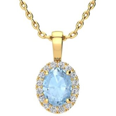 Aquamarine Necklace | March Birthstone | 1 1/3ct Oval Aquamarine and Halo Diamond Necklace In 14K Yellow Gold