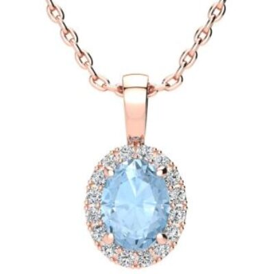 Aquamarine Necklace | March Birthstone | 1 1/3ct Oval Aquamarine and Halo Diamond Necklace In 14K Rose Gold