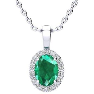 Emerald Necklaces | Oval Shape Emerald Necklaces With Diamond Halo In 14 Karat White Gold, 18 Inch Chain