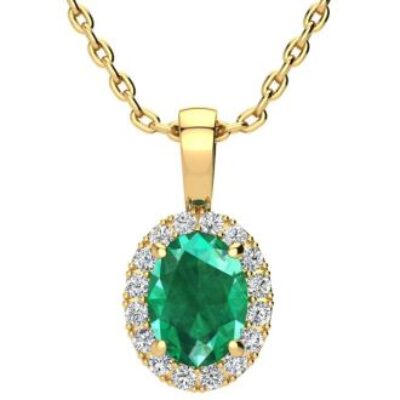 Emerald Necklaces | Oval Shape Emerald Necklaces With Diamond Halo In 14 Karat Yellow Gold, 18 Inch Chain