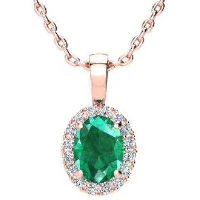 Emerald Necklaces | Oval Shape Emerald Necklaces With Diamond Halo In 14 Karat Rose Gold, 18 Inch Chain