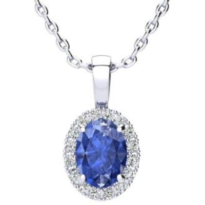 Tanzanite Necklace | Tanzanite | 1 1/2ct Oval Tanzanite and Halo Diamond Necklace In 14K White Gold | SuperJeweler