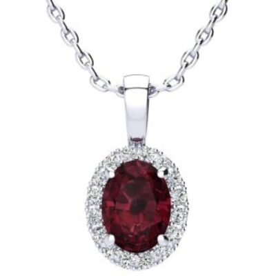 Garnet Necklace | January Birthstone | 1 1/2ct Oval Garnet and Halo Diamond Necklace In 14K White Gold