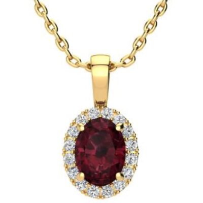 Garnet Necklace | January Birthstone | 1 1/2ct Oval Garnet and Halo Diamond Necklace In 14K Yellow Gold