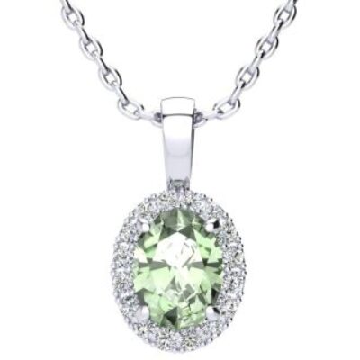 Green Amethyst | Green Amethyst Necklace | 1 1/4ct Oval Green Amethyst and Halo Diamond Necklace In 14K White Gold | SuperJeweler