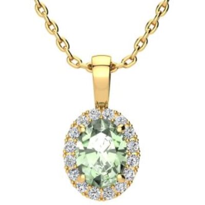 Green Amethyst | Green Amethyst Necklace | 1 1/4ct Oval Green Amethyst and Halo Diamond Necklace In 14K Yellow Gold | SuperJeweler