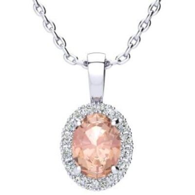 Morganite Necklace | Oval Shape Morganite Necklace with Diamond Halo In 14 Karat White Gold With 18 Inch Chain