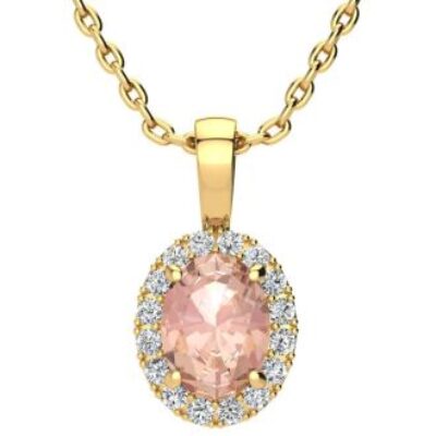 Morganite Necklace | Oval Shape Morganite Necklace with Diamond Halo In 14 Karat Yellow Gold With 18 Inch Chain