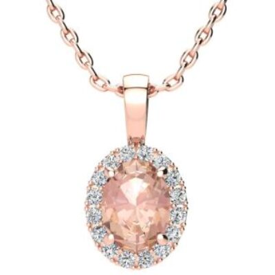 Morganite Necklace | Oval Shape Morganite Necklace with Diamond Halo In 14 Karat Rose Gold With 18 Inch Chain