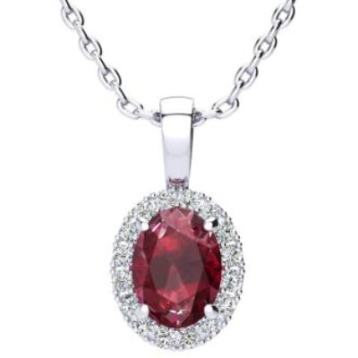 Ruby Necklace | July Birthstone | 1 2/3ct Oval Ruby and Halo Diamond Necklace In 14K White Gold | SuperJeweler