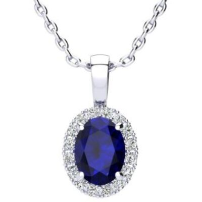 Sapphire Necklace | September Birthstone | 1 3/4ct Oval Sapphire and Halo Diamond Necklace In 14K White Gold | SuperJeweler