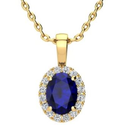 Sapphire Necklace | September Birthstone | 1 3/4ct Oval Sapphire and Halo Diamond Necklace In 14K Yellow Gold | SuperJeweler