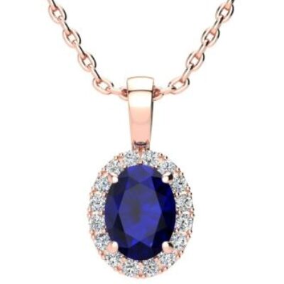 Sapphire Necklace | September Birthstone | 1 3/4ct Oval Sapphire and Halo Diamond Necklace In 14K Rose Gold | SuperJeweler