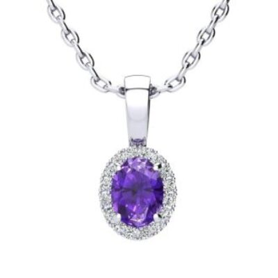 Amethyst Necklace | February Birthstone | 1/2ct Oval Amethyst and Halo Diamond Necklace In 14K White Gold | SuperJeweler