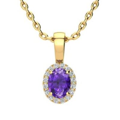 Amethyst Necklace | February Birthstone | 1/2ct Oval Amethyst and Halo Diamond Necklace In 14K Yellow Gold | SuperJeweler