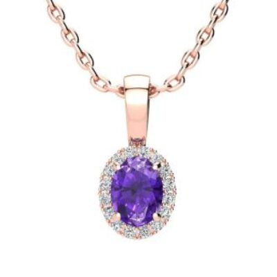 Amethyst Necklace | February Birthstone | 1/2ct Oval Amethyst and Halo Diamond Necklace In 14K Rose Gold | SuperJeweler