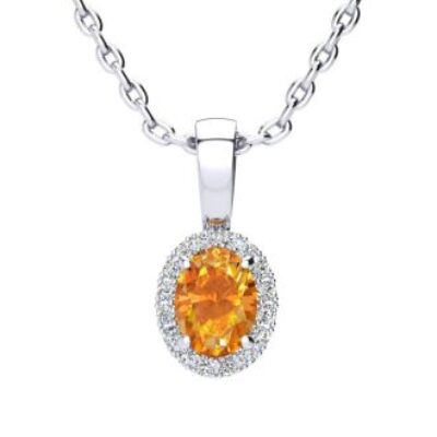 November Birthstone | Citrine Necklace | 1/2ct Oval Citrine and Halo Diamond Necklace In 14K White Gold | SuperJeweler