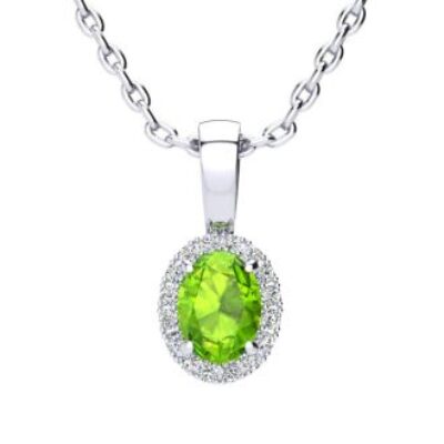 Peridot Necklace | August Birthstone | 1/2ct Oval Peridot and Halo Diamond Necklace In 14K White Gold | SuperJeweler