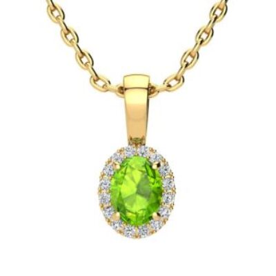 Peridot Necklace | August Birthstone | 1/2ct Oval Peridot and Halo Diamond Necklace In 14K Yellow Gold | SuperJeweler