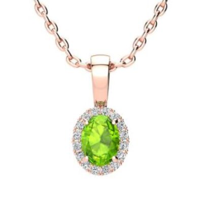 Peridot Necklace | August Birthstone | 1/2ct Oval Peridot and Halo Diamond Necklace In 14K Rose Gold | SuperJeweler