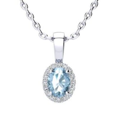 December Birthstone | Blue Topaz Necklace | 0.62ct Oval Blue Topaz and Halo Diamond Necklace In 14K White Gold | SuperJeweler