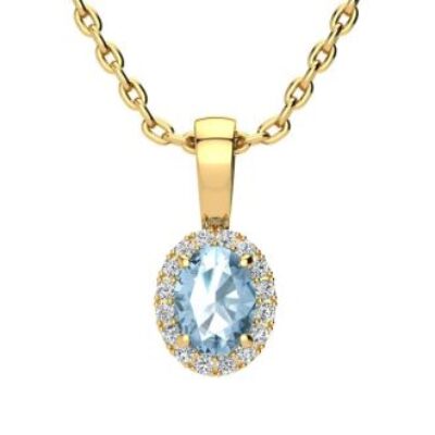 December Birthstone | Blue Topaz Necklace | 0.62ct Oval Blue Topaz and Halo Diamond Necklace In 14K Yellow Gold | SuperJeweler