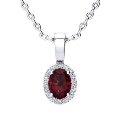 Garnet Necklace | January Birthstone | 0.62ct Oval Garnet and Halo Diamond Necklace In 14K White Gold