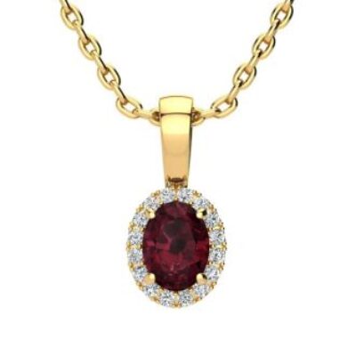 Garnet Necklace | January Birthstone | 0.62ct Oval Garnet and Halo Diamond Necklace In 14K Yellow Gold