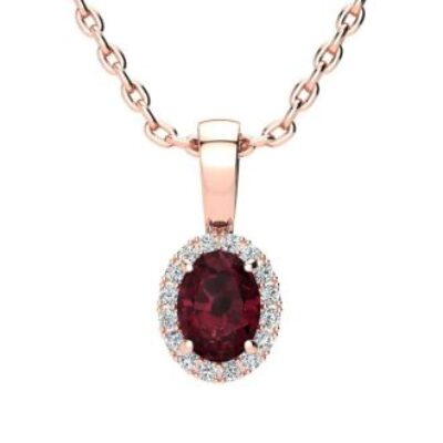 Garnet Necklace | January Birthstone | 0.62ct Oval Garnet and Halo Diamond Necklace In 14K Rose Gold