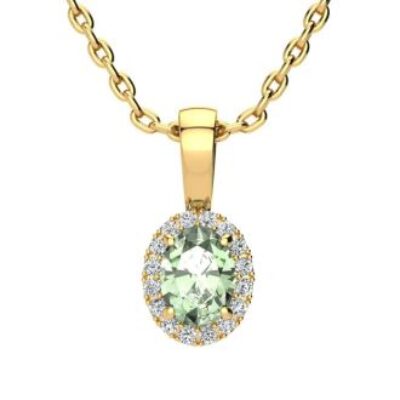 Green Amethyst | Green Amethyst Necklace | 1/2ct Oval Green Amethyst and Halo Diamond Necklace In 14K Yellow Gold | SuperJeweler