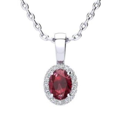 Ruby Necklace | July Birthstone | 0.62ct Oval Ruby and Halo Diamond Necklace In 14K White Gold | SuperJeweler