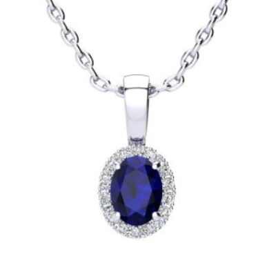 Sapphire Necklace | September Birthstone | 0.67ct Oval Sapphire and Halo Diamond Necklace In 14K White Gold | SuperJeweler