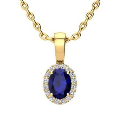 Sapphire Necklace | September Birthstone | 0.67ct Oval Sapphire and Halo Diamond Necklace In 14K Yellow Gold | SuperJeweler