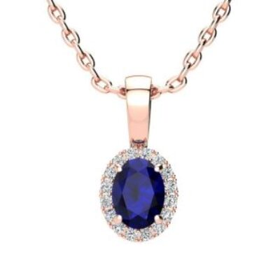 Sapphire Necklace | September Birthstone | 0.67ct Oval Sapphire and Halo Diamond Necklace In 14K Rose Gold | SuperJeweler