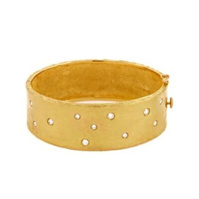 18 Karat Yellow Gold 22.0mm Hammered Finish, Diamond Polka Dot Bracelet