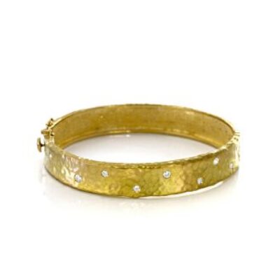 18 Karat Yellow Gold 11.0mm Hammered Finish, Diamond Polka Dot Bracelet