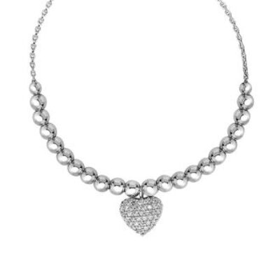 Sterling Silver Faceted Bead Adjustable Bead Bracelet with Cubic Zirconia Heart Charm