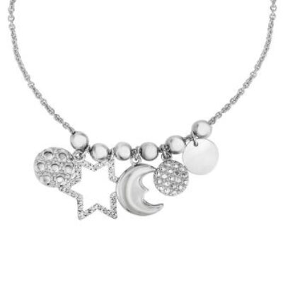 Sterling Silver and Cubic Zirconia Moon and Stars Charm Bracelet with Adjustable Bead