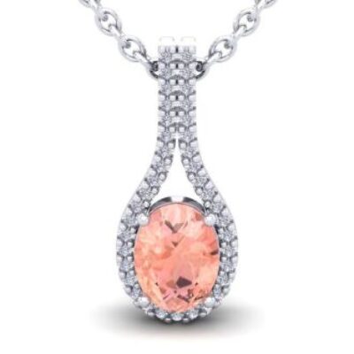 Morganite Necklace | Oval Shape Morganite Necklace with Diamond Halo In 14 Karat White Gold With 18 Inch Chain