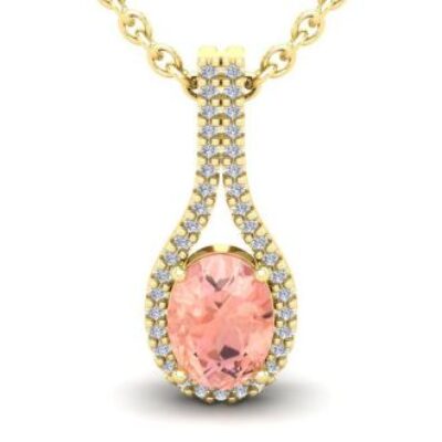 Morganite Necklace | Oval Shape Morganite Necklace with Diamond Halo In 14 Karat Yellow Gold With 18 Inch Chain