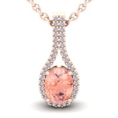 Morganite Necklace | Oval Shape Morganite Necklace with Diamond Halo In 14 Karat Rose Gold With 18 Inch Chain