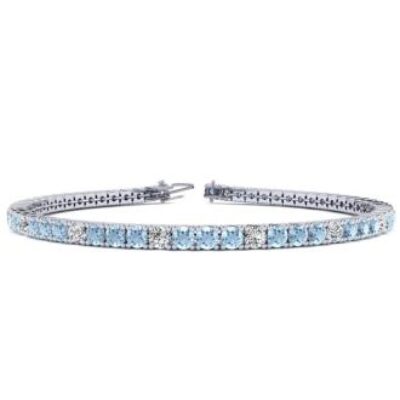 Aquamarine Bracelet | March Birthstone | 4 Carat Aquamarine And Diamond Graduated Tennis Bracelet In 14 Karat White Gold, 7 Inches