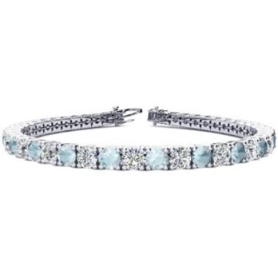 Aquamarine Bracelet | March Birthstone | 8 1/4 Carat Aquamarine and Diamond Tennis Bracelet In 14 Karat White Gold, 7 Inches