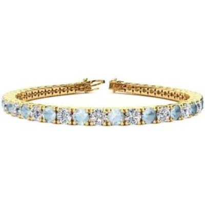 Aquamarine Bracelet | March Birthstone | 8 1/4 Carat Aquamarine and Diamond Tennis Bracelet In 14 Karat Yellow Gold, 7 Inches