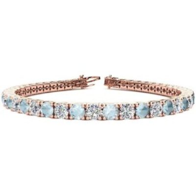 Aquamarine Bracelet | March Birthstone | 8 1/4 Carat Aquamarine and Diamond Tennis Bracelet In 14 Karat Rose Gold, 7 Inches